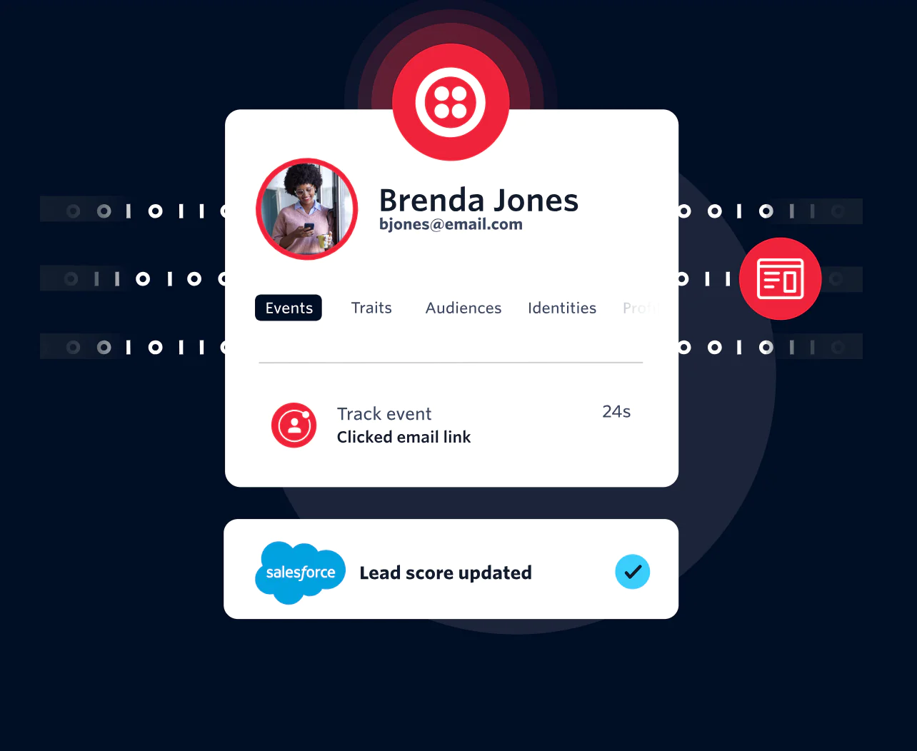Dashboard showing Brenda Jones' user profile with event tracking and lead score update notification. Dashboard showing Brenda Jones' user profile with event tracking and lead score update notification.
