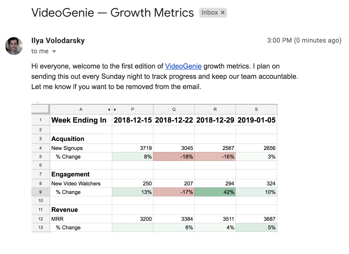 VideoGenie example of investor email