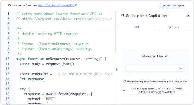 Screenshot of JavaScript code for handling HTTP requests alongside a help chat window