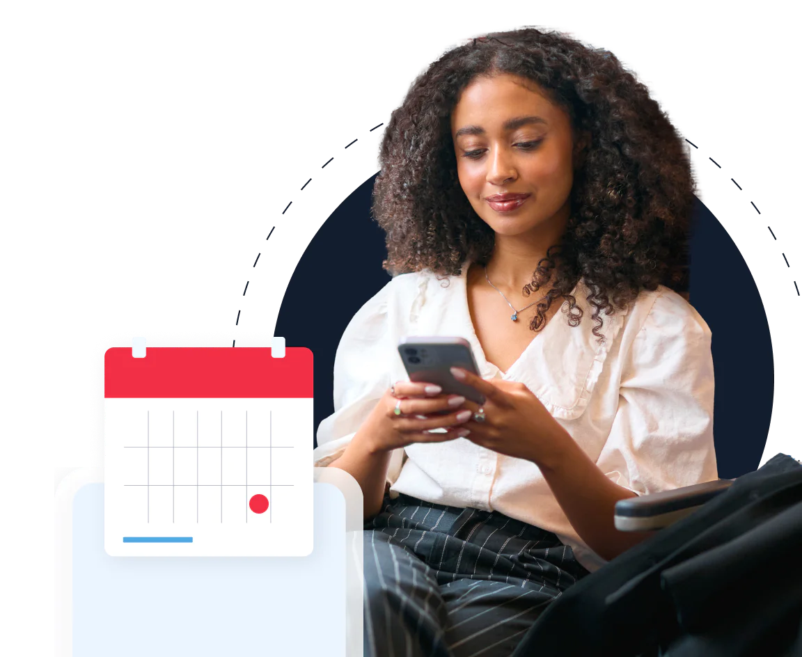 Woman with curly hair looking at her smartphone, next to an illustrated clipboard with a calendar.