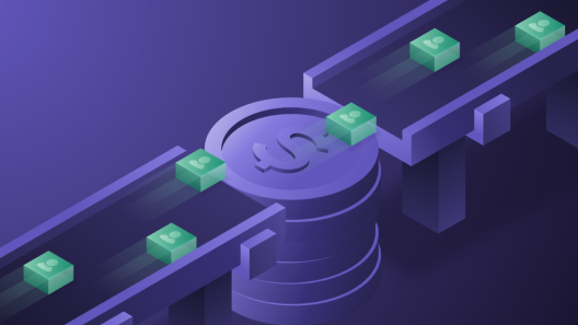 Digital currency represented as stacks of coins and banknotes moving on conveyor belts.