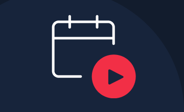 Simple calendar icon with a red play button on a dark blue background.