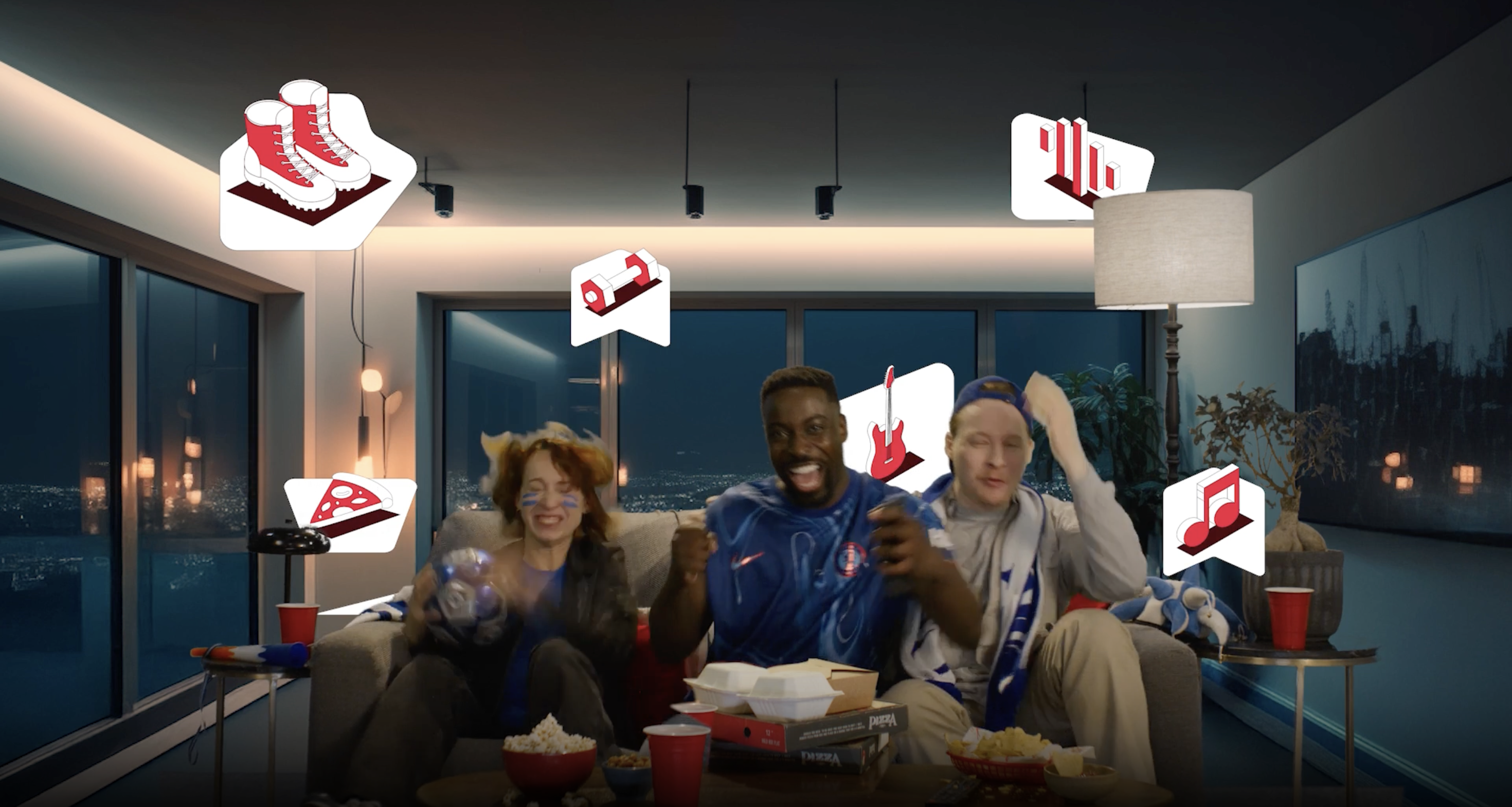 Three friends celebrating on a couch, various icons above them indicating different entertainment options.