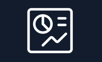 A white business analytics icon with a chart and pie graph on a dark background.