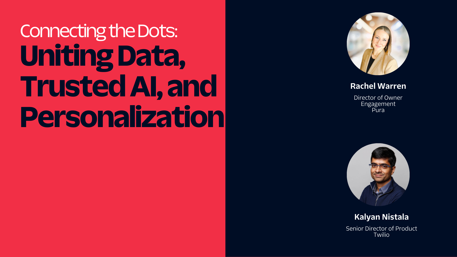 Event flyer with speakers Rachel Warren and Kalyan Nistala discussing data, AI, and personalization.
