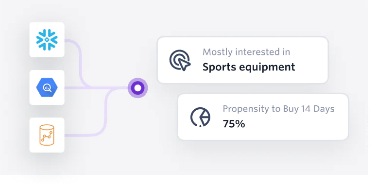 Flowchart indicating interest in sports equipment and 75% purchase propensity in 14 days.