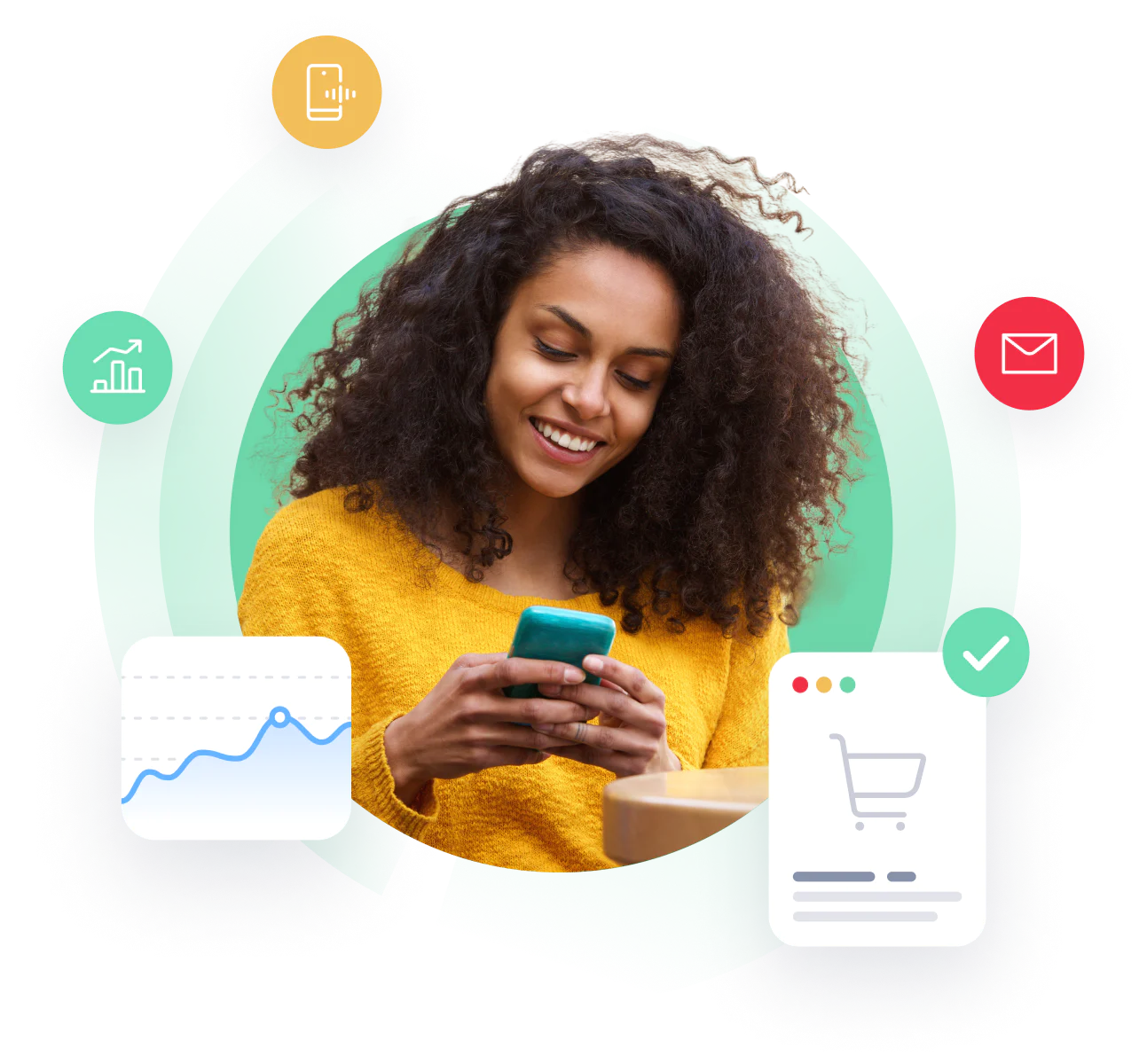 Woman looking at smartphone with data, email, and e-commerce icons around her. Woman looking at smartphone with data, email, and e-commerce icons around her.