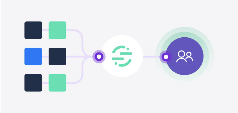 Diagram showing data flowing from blocks to a central hub then targeting a group of users.