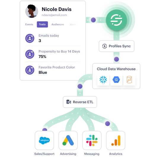 Diagram showing Nicole Davis' data flow from various attributes to different systems including profiles sync and data warehouse