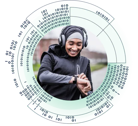 Woman in workout attire checks smartwatch stats while wearing headphones, encircled by binary code graphic.