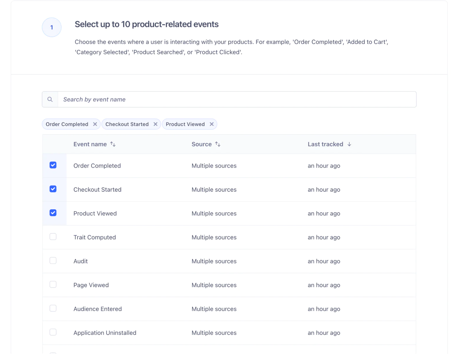 Interface showing options to select up to 10 product-related events with checkboxes for various event types.