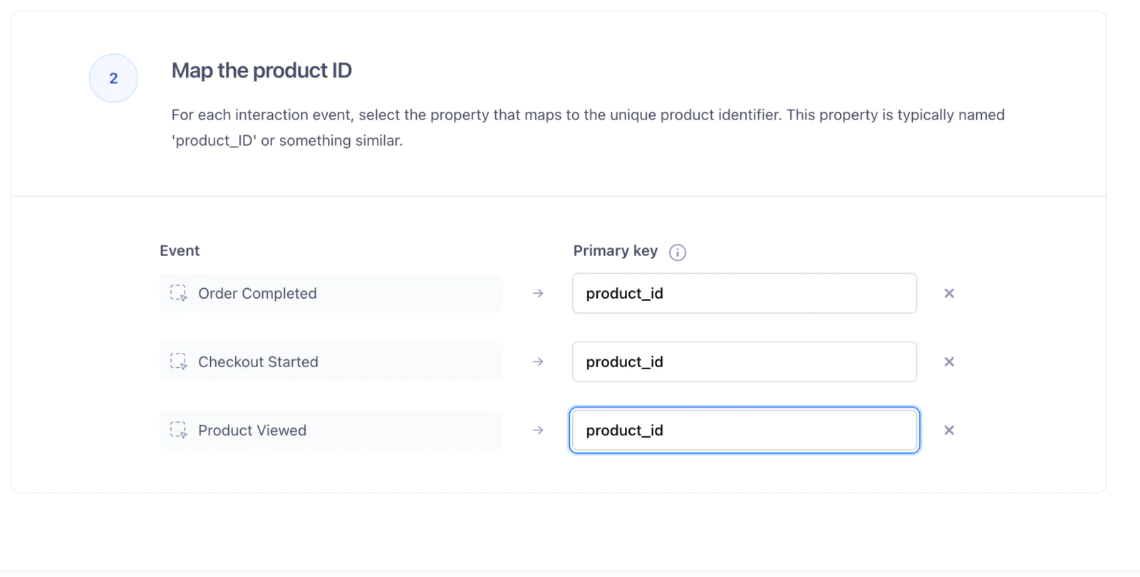 Interface showing mapping product ID for order completed, checkout started, and product viewed events.