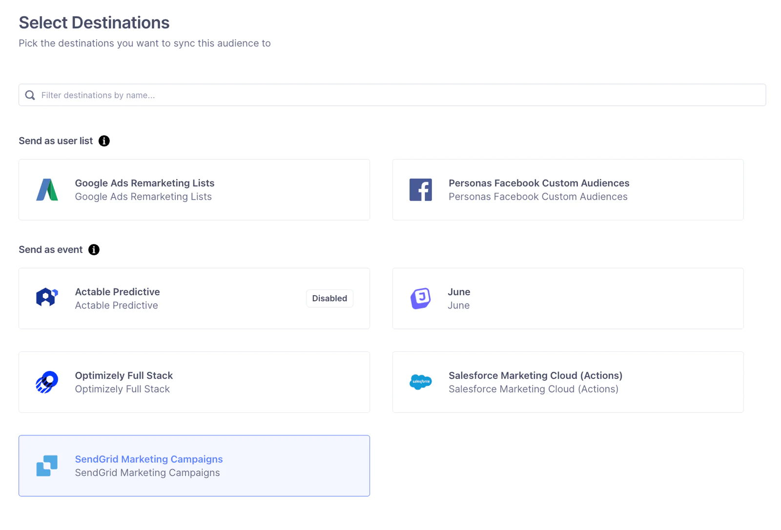 Interface showing options for selecting destinations to sync an audience, including Google, Facebook, and SendGrid.