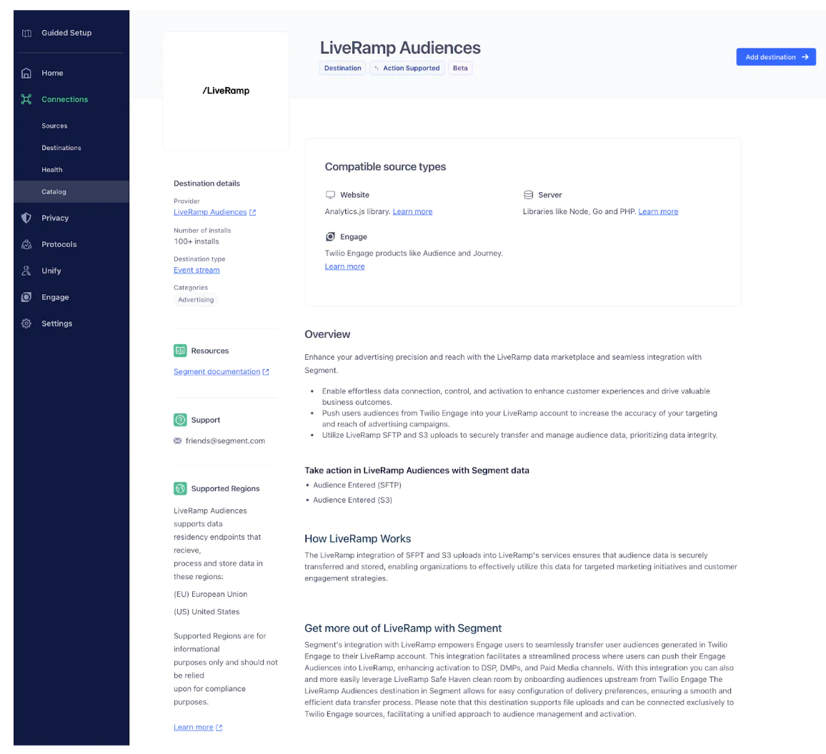 LiveRamp Audiences integration setup page with instructions and details.