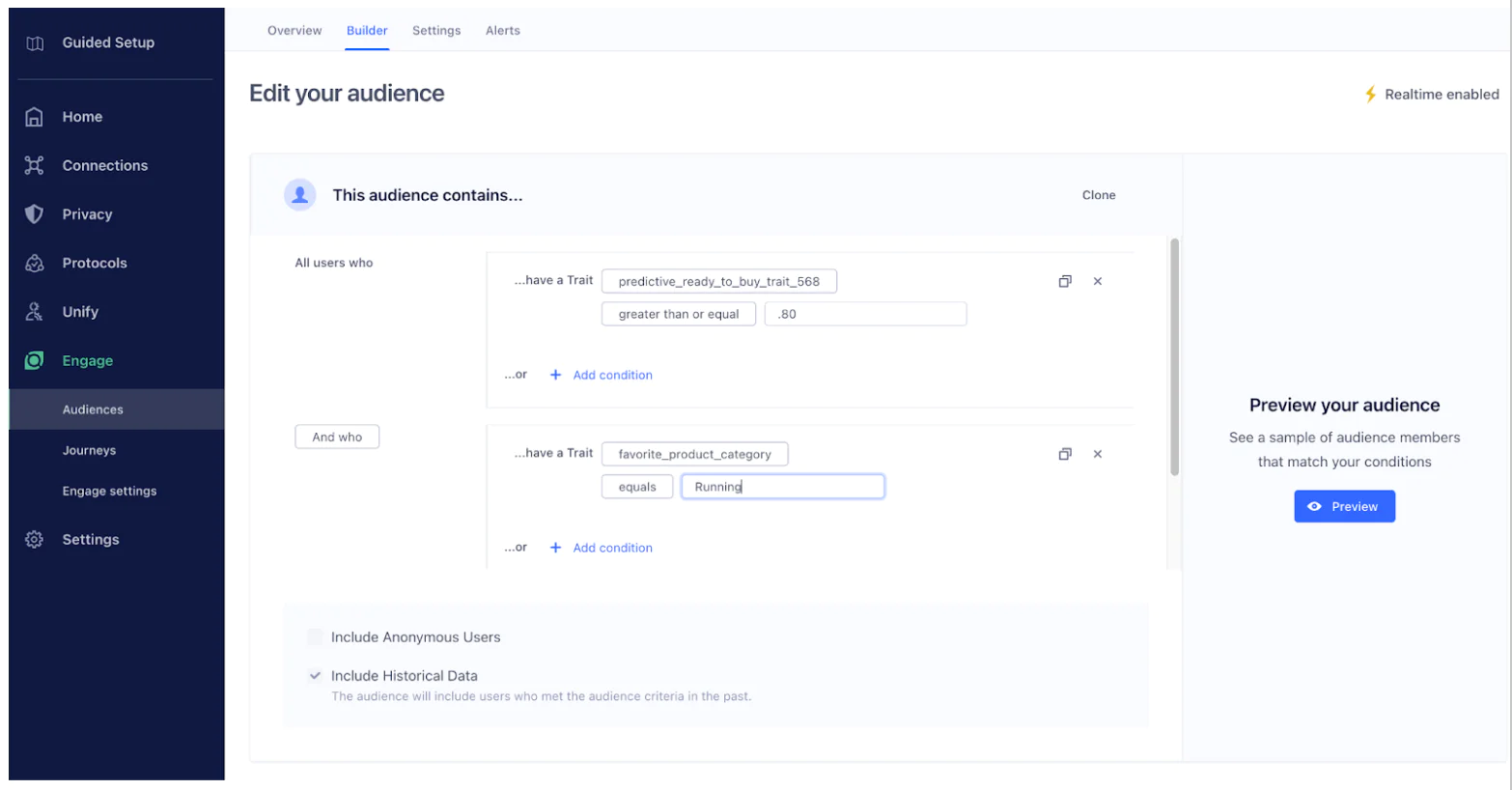 An audience setup interface showing conditions for predicting user behavior in a marketing tool.