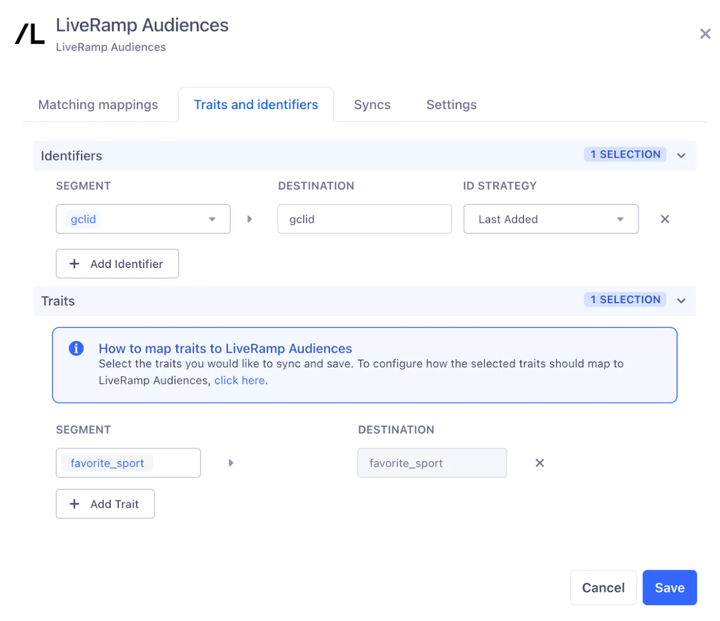 LiveRamp Audiences Traits and Identifiers configuration screen with mappings and save button.