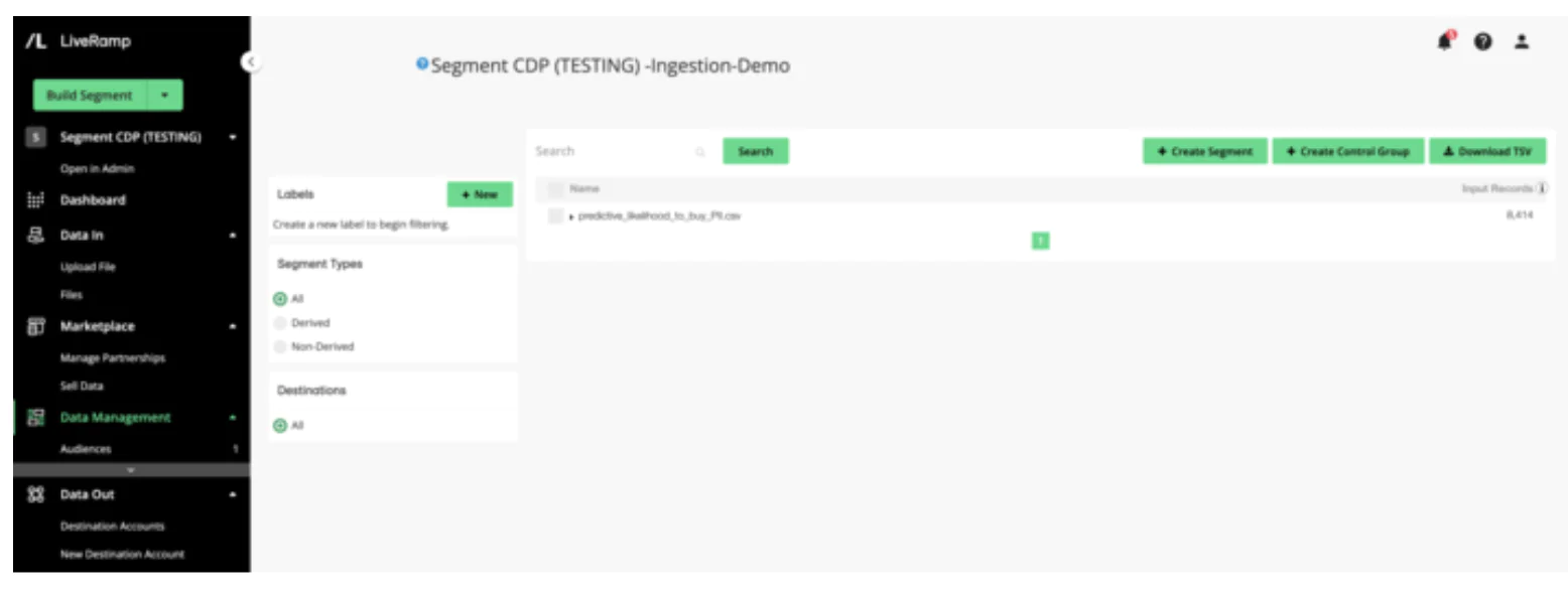 LiveRamp data management dashboard showing the creation of a segment and available options.