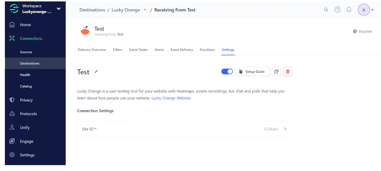 Screenshot of Lucky Orange connection settings for testing, showing various tabs and settings.