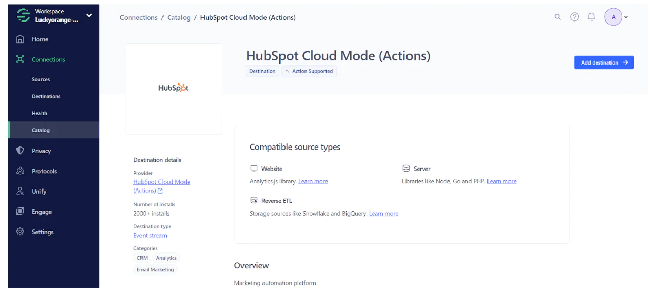 Screen showing HubSpot Cloud Mode connection settings with compatible source types and an overview section.