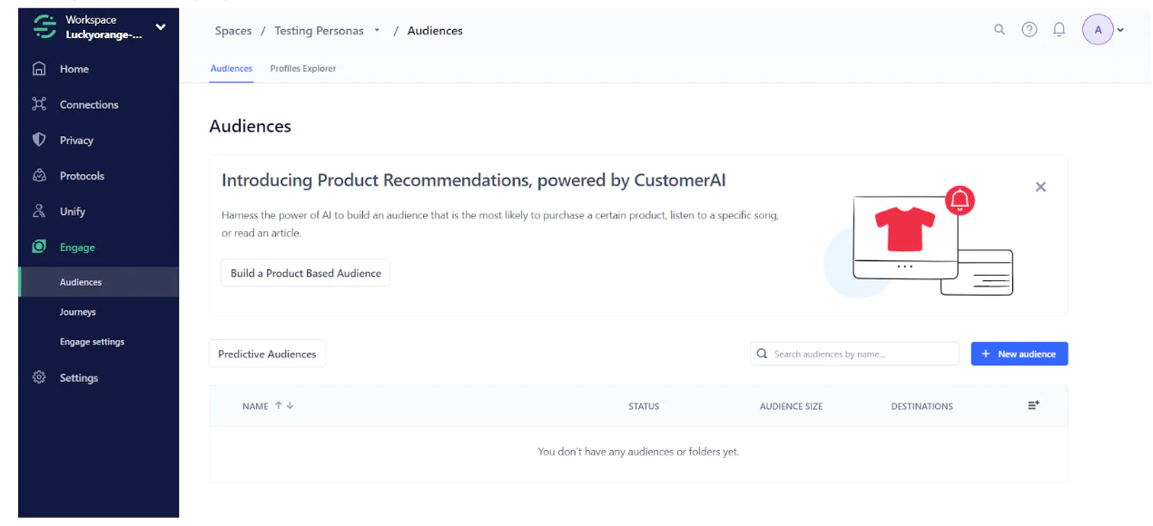 Screenshot of an audience management dashboard introducing CustomerAI-powered product recommendations.