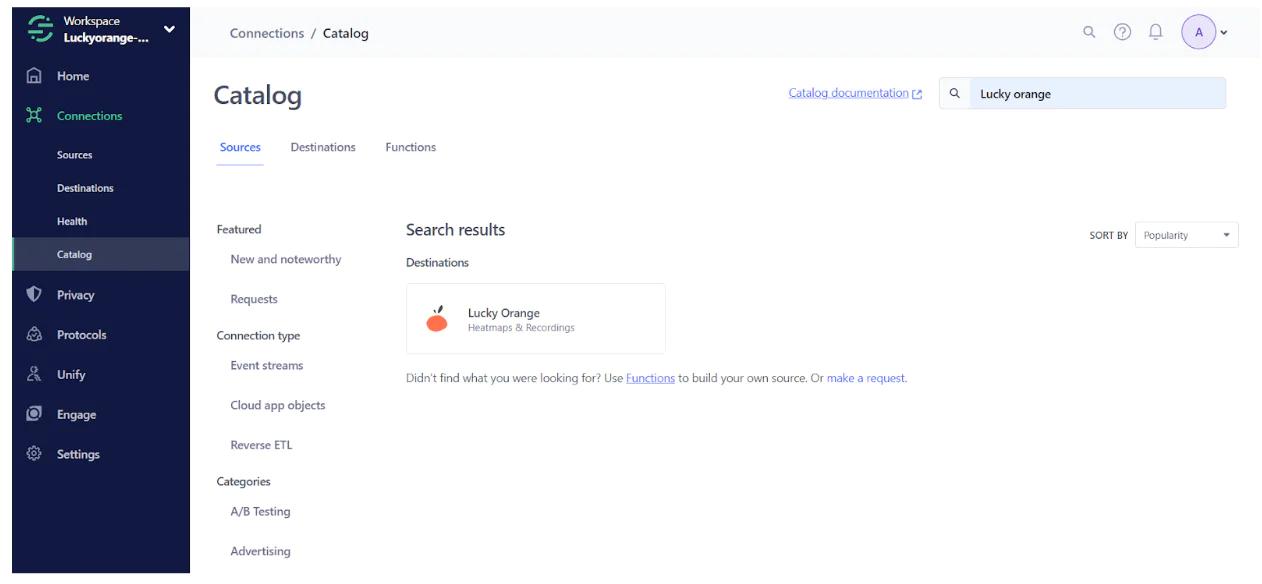Screenshot of the Connections Catalog showing search results for Lucky Orange in the Destinations section.