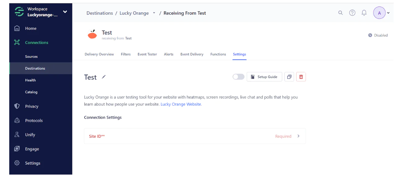 Screenshot of Lucky Orange settings page showing the setup guide for testing website connections.