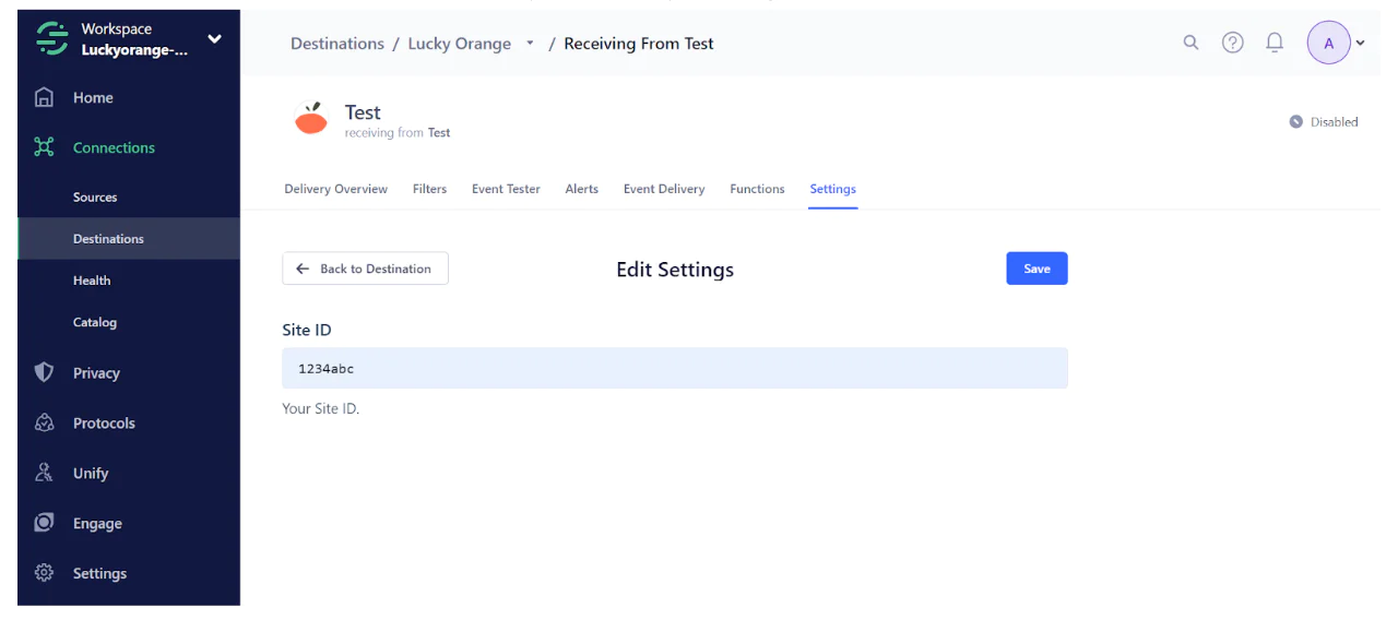 Screenshot of the settings page for editing a site ID in a connection configuration interface.