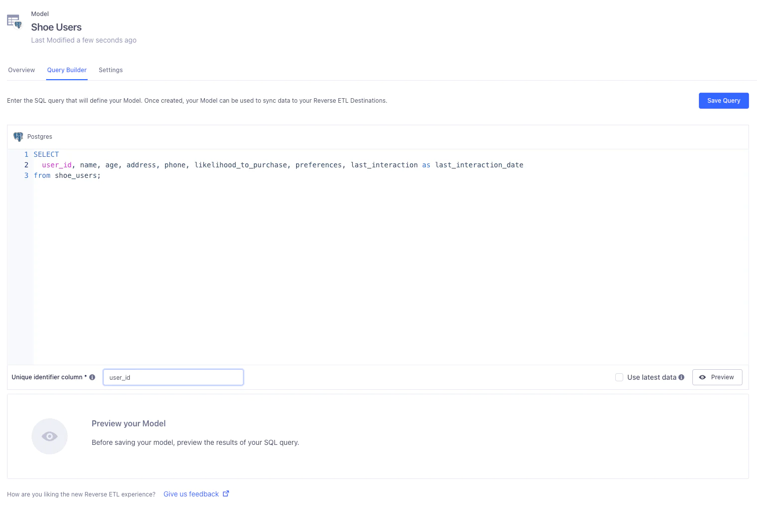 Screenshot of Query Builder displaying SQL query to select user data from the shoe_users table.