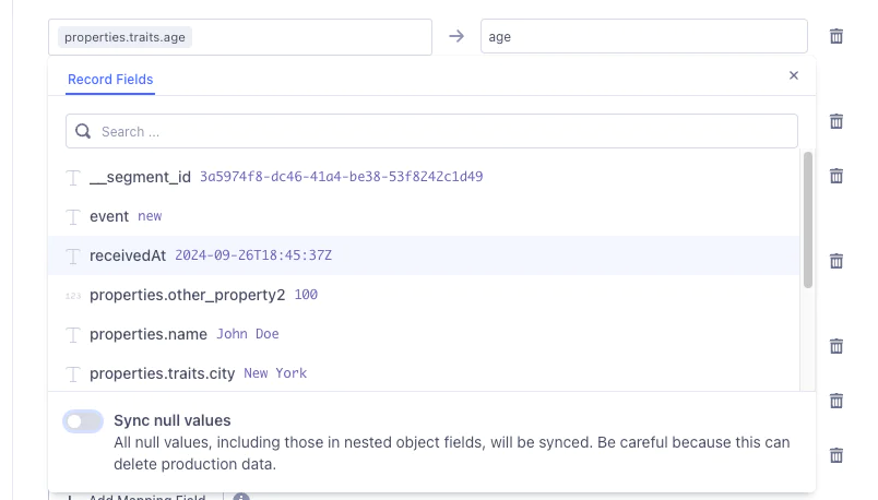 Screenshot of a CRM event properties interface showing fields like segment ID, event name, received date