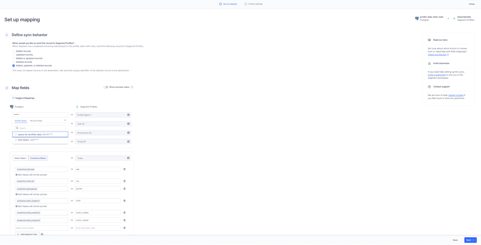 Screen showing settings for defining sync behavior and mapping fields in a data integration tool.
