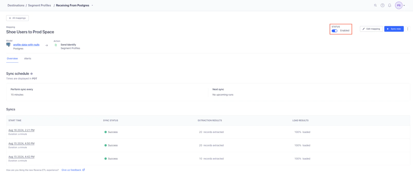 Screenshot of a sync dashboard displaying sync status, schedule, and sync history with success indicators.