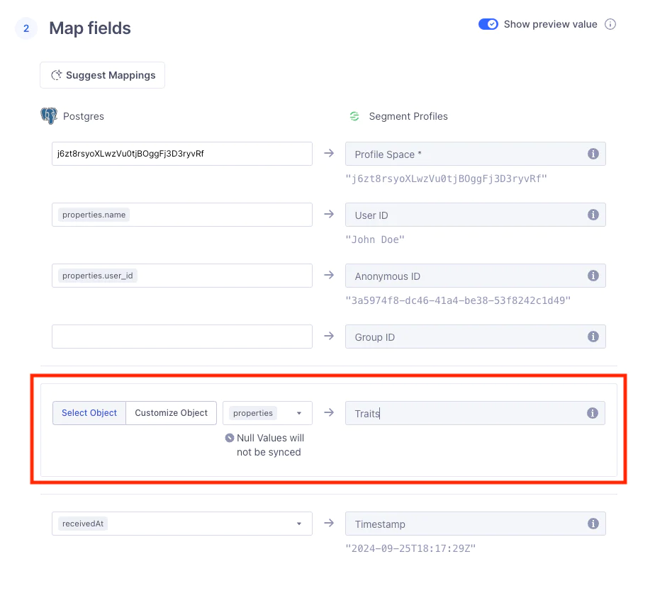 Interface showing field mapping between Postgres and Segment Profiles in a data integration platform