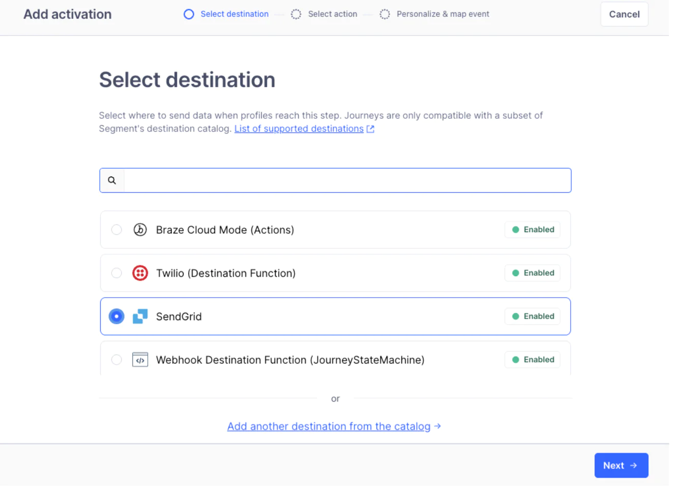 Interface for selecting a destination for an activation, with options like Braze, Twilio, SendGrid, and Webhook.