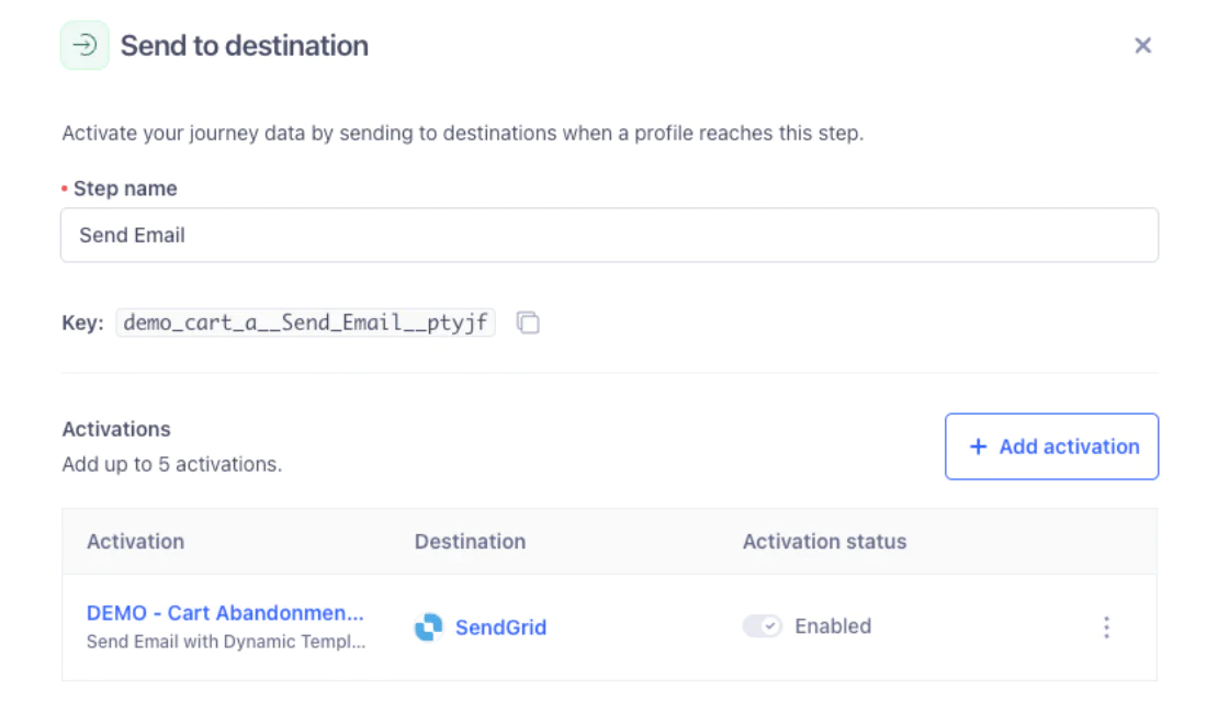 SendGrid activation setup for sending cart abandonment emails in a destination step