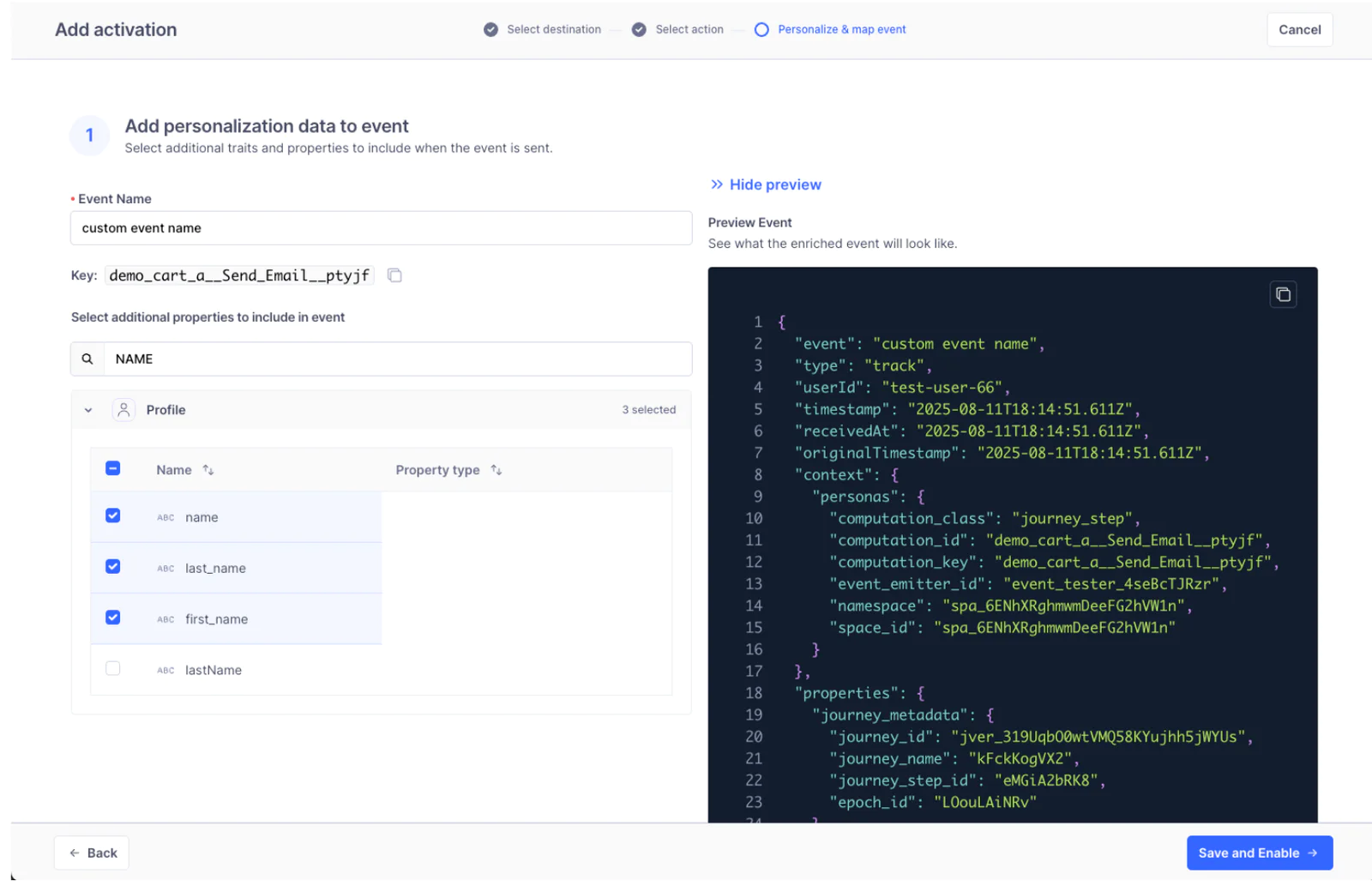 User interface for adding personalization data with code view on the right side and options to add fields on the left.