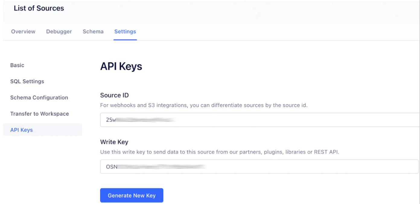 API Keys section to find the Source ID and Write Key