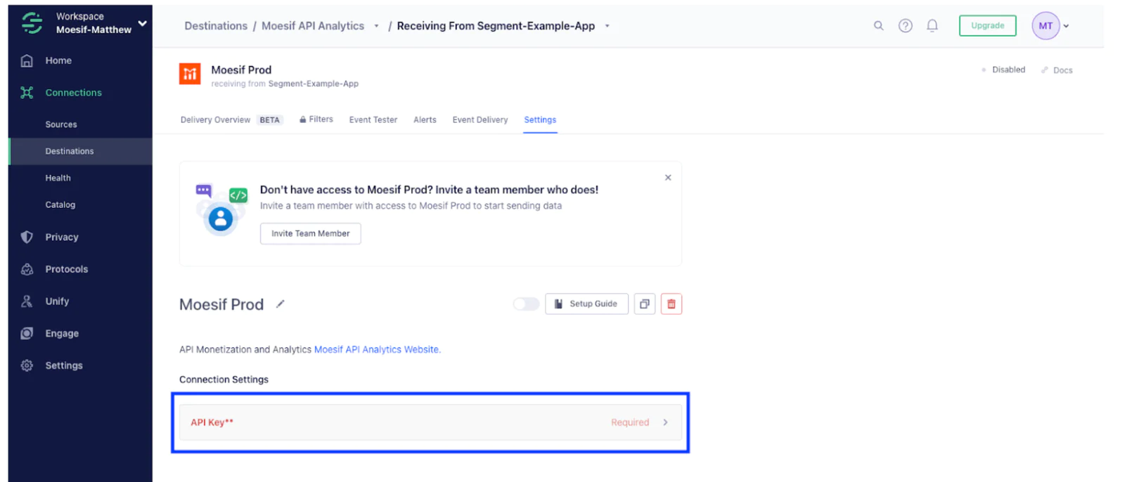 Enabling Moesif destination in Segment.