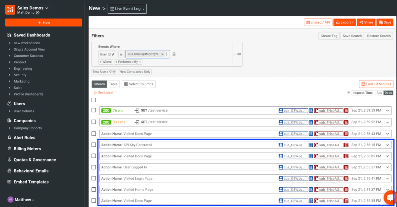 Viewing user events in Moesif.