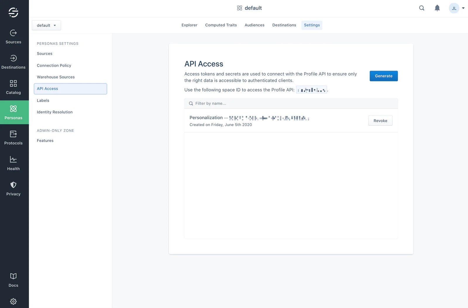 Generating an API access token in Engage.