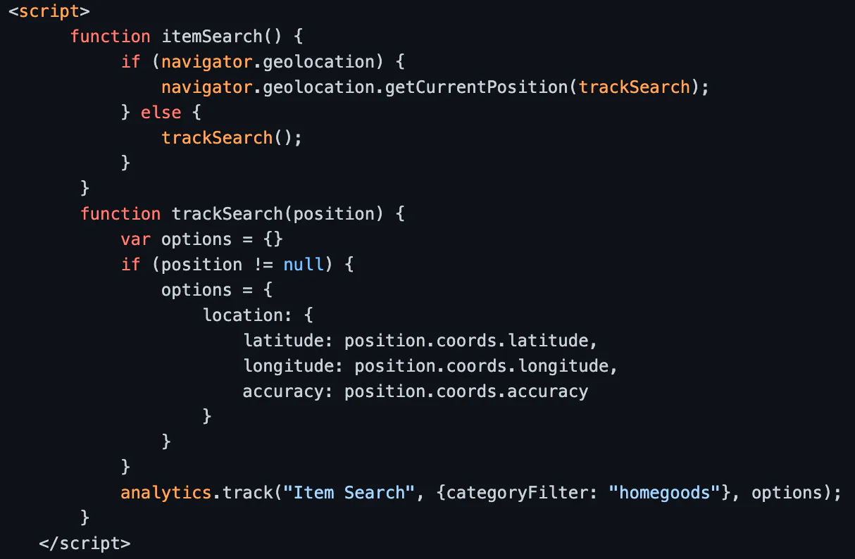 Sample function that tracks mobile web searches in Segment