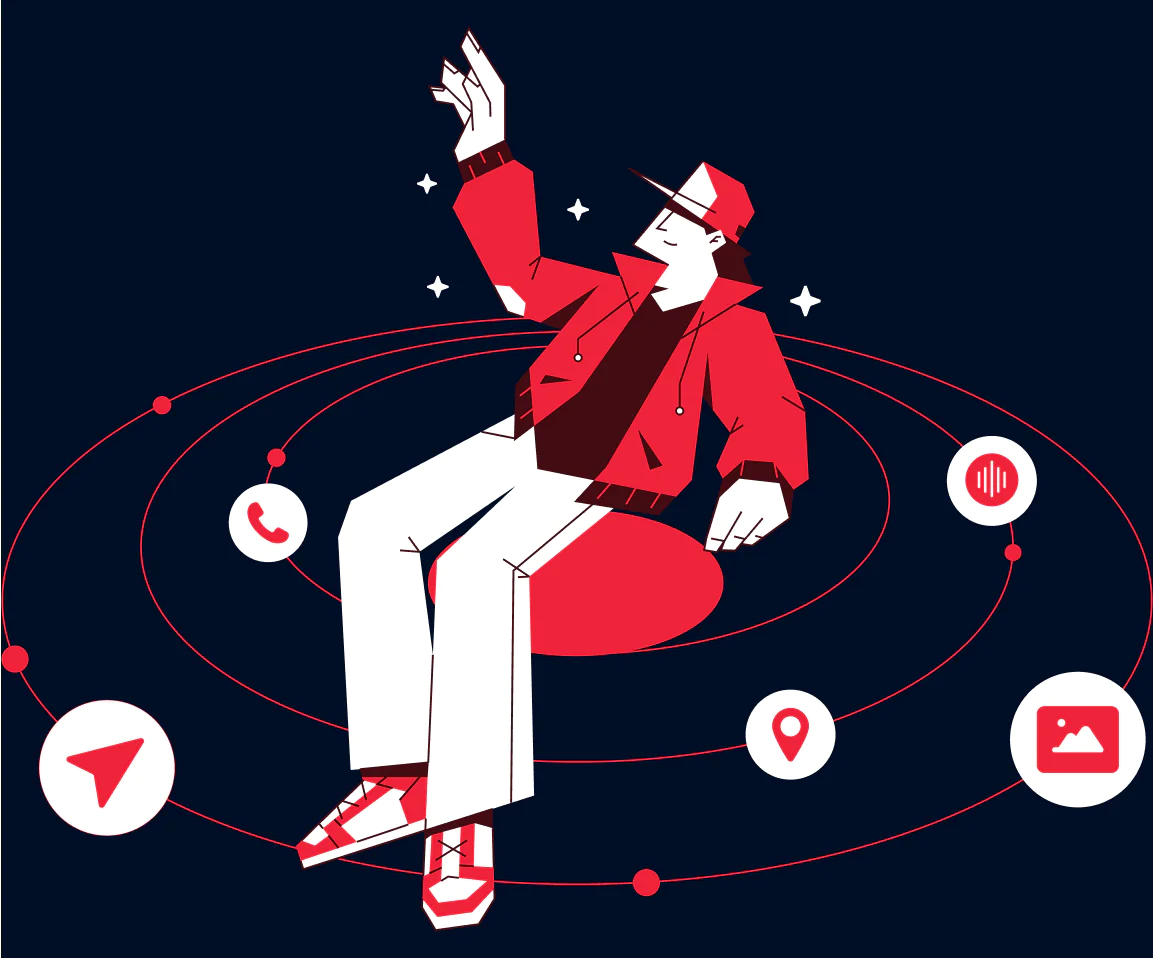 Illustration of a person in red jacket and cap, floating surrounded by tech icons like a phone, GPS, and microphone.