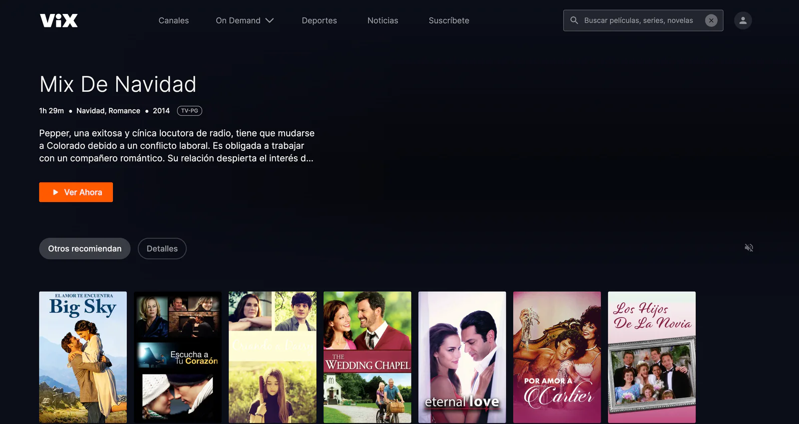Romantic Movies Collection on VIX Streaming Service VIX interface displaying Mix De Navidad and various romantic movie thumbnails.