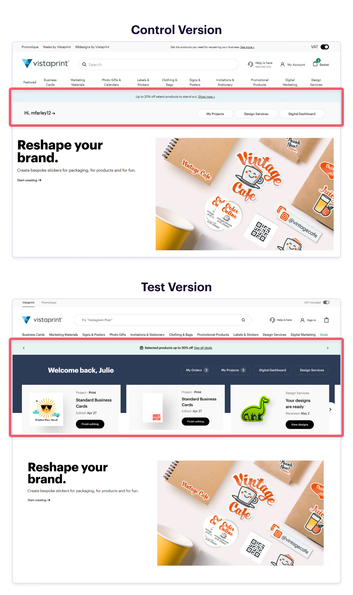 Comparison of Control and Test Versions of Vistaprint Homepage Comparison of two Vistaprint homepage versions showing different navigation layouts and header designs.