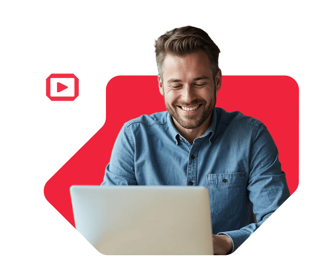 Man smiling and looking at laptop with video call, screen sharing, and webcam icons around him.