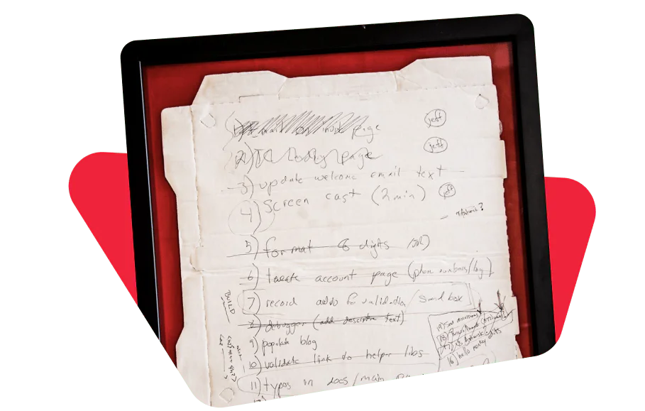 Handwritten notes on tattered paper with various tasks and scribbles.