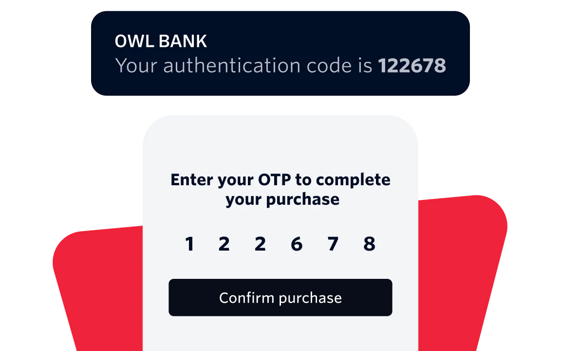 OTP authentication screen showing a six-digit code entry and a confirmation button.